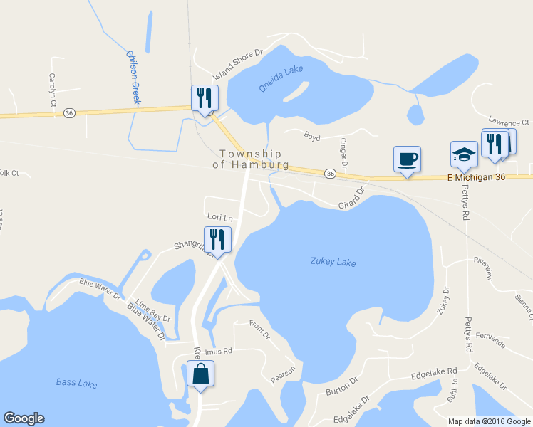 map of restaurants, bars, coffee shops, grocery stores, and more near 9557 Crestline Drive in Pinckney