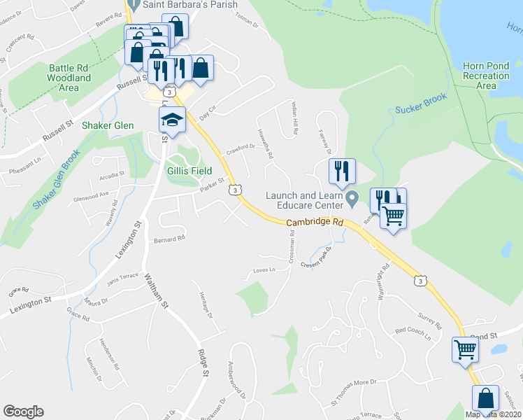 map of restaurants, bars, coffee shops, grocery stores, and more near 250 Cambridge Road in Woburn