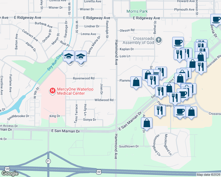 map of restaurants, bars, coffee shops, grocery stores, and more near 3709 Pearl Lane in Waterloo