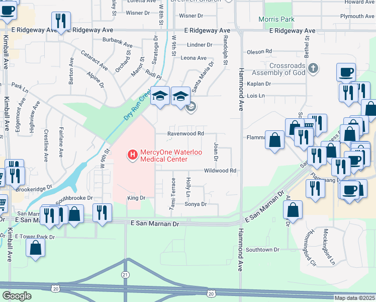 map of restaurants, bars, coffee shops, grocery stores, and more near 3623 Ravenwood Court in Waterloo