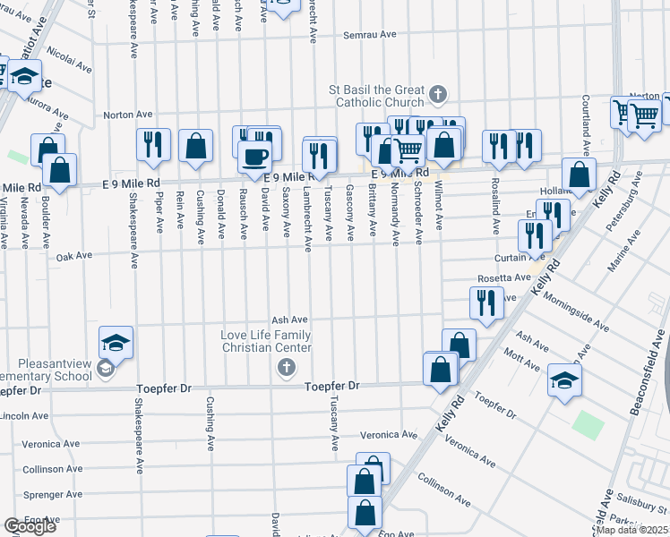 map of restaurants, bars, coffee shops, grocery stores, and more near 22124 Tuscany Avenue in Eastpointe