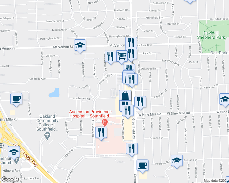 map of restaurants, bars, coffee shops, grocery stores, and more near 23384 Cornerstone Village Drive in Southfield