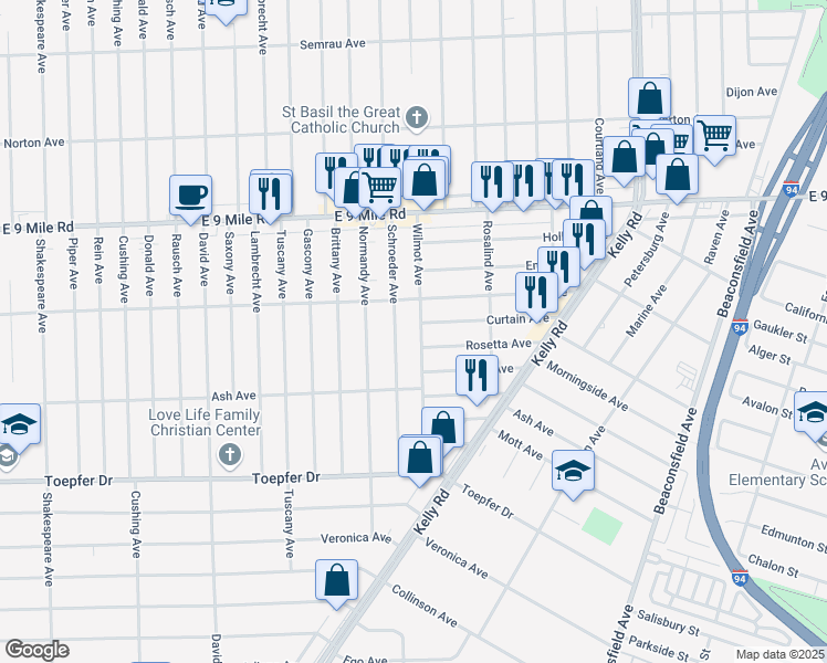 map of restaurants, bars, coffee shops, grocery stores, and more near 22113 Wilmot Avenue in Eastpointe