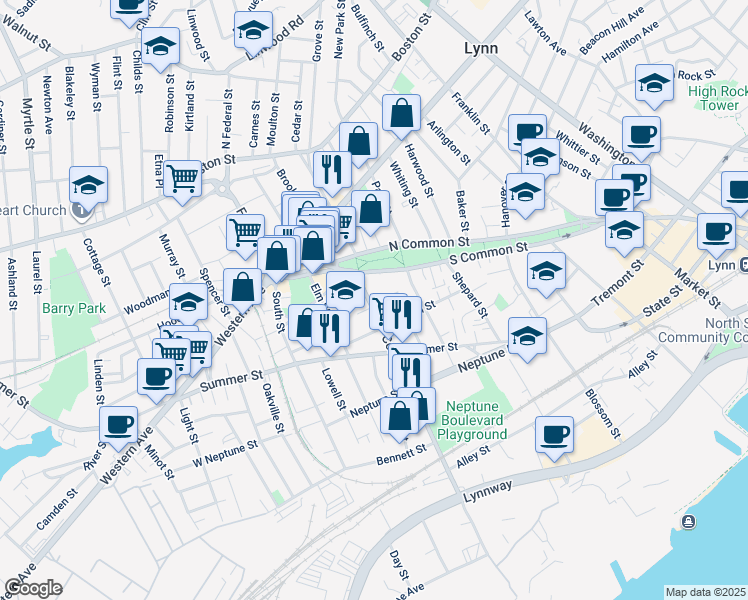 map of restaurants, bars, coffee shops, grocery stores, and more near 3 Commercial Street in Lynn