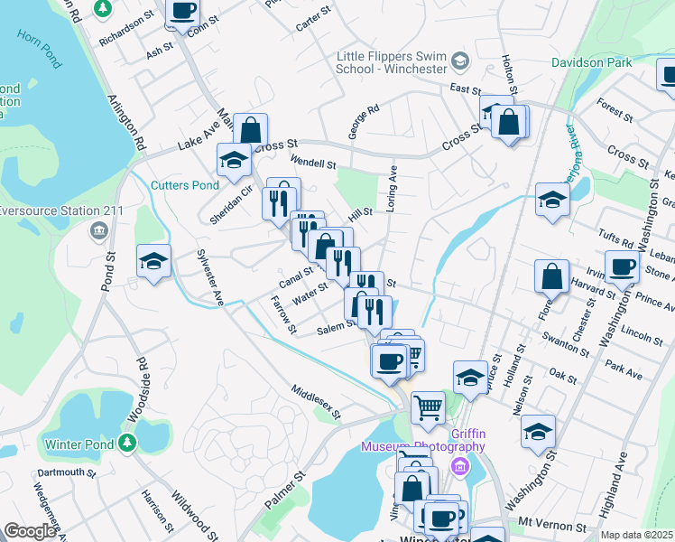 map of restaurants, bars, coffee shops, grocery stores, and more near 893 Main Street in Winchester