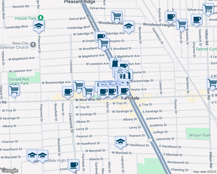 map of restaurants, bars, coffee shops, grocery stores, and more near 256 Withington Street in Ferndale