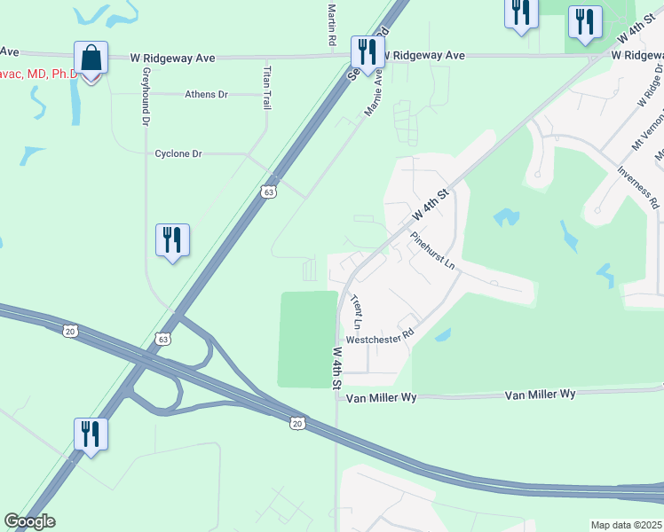 map of restaurants, bars, coffee shops, grocery stores, and more near 230 West Hills Lane in Waterloo