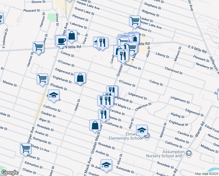 map of restaurants, bars, coffee shops, grocery stores, and more near 22130 Edgewood Street in St. Clair Shores