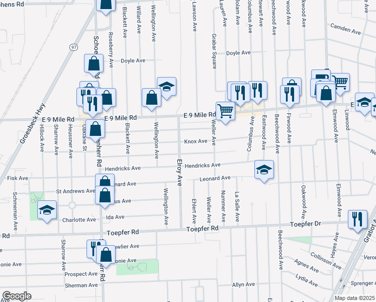 map of restaurants, bars, coffee shops, grocery stores, and more near 14235 Marshall Avenue in Warren