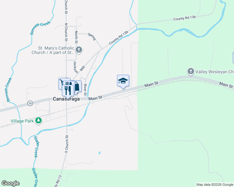 map of restaurants, bars, coffee shops, grocery stores, and more near 5 Main Street in Canaseraga