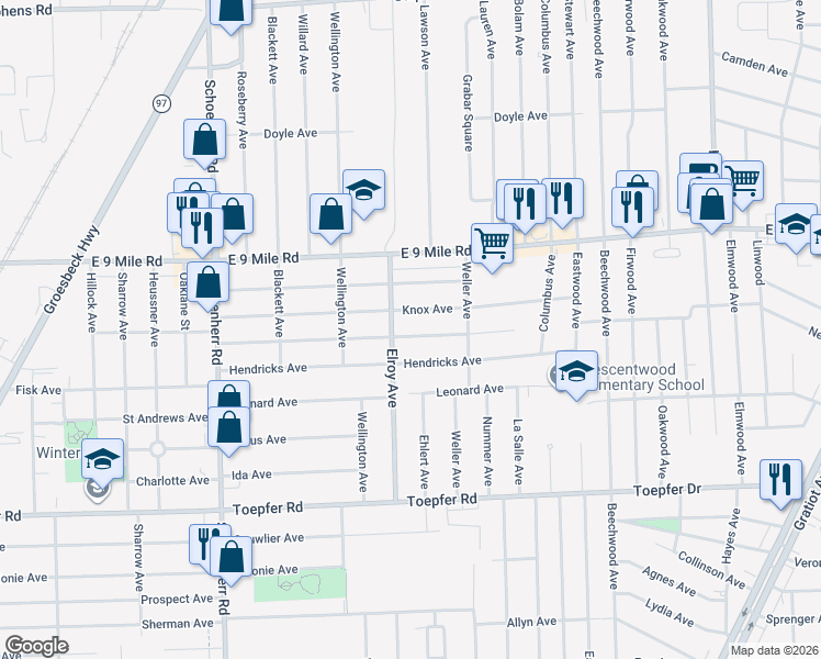 map of restaurants, bars, coffee shops, grocery stores, and more near 14235 Marshall Avenue in Warren