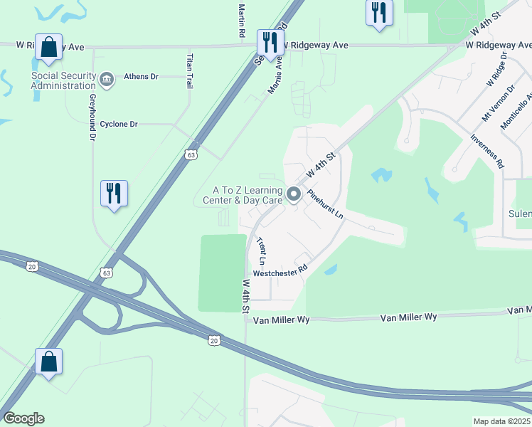 map of restaurants, bars, coffee shops, grocery stores, and more near West 4th Street in Waterloo