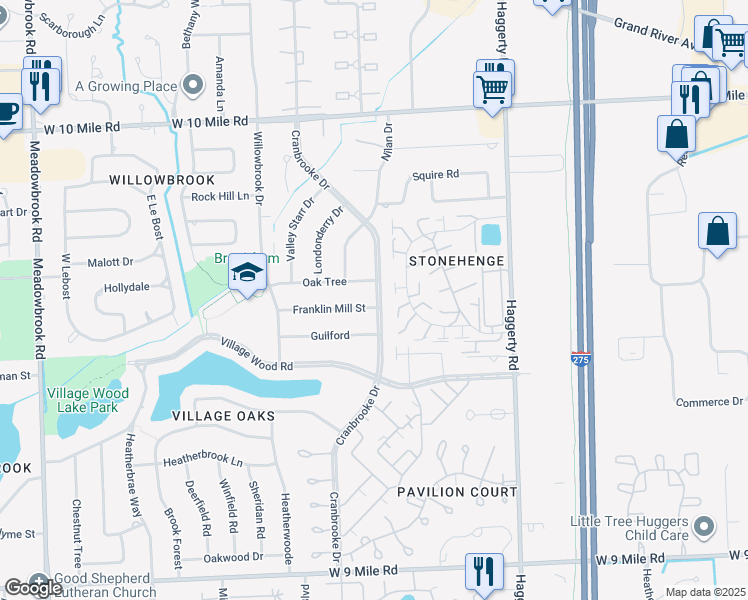 map of restaurants, bars, coffee shops, grocery stores, and more near 40310 Franklin Mill St in Novi