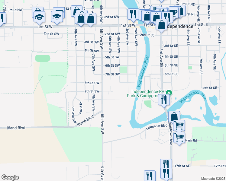 map of restaurants, bars, coffee shops, grocery stores, and more near 801-899 5th Avenue Southwest in Independence