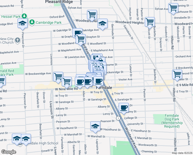 map of restaurants, bars, coffee shops, grocery stores, and more near 22925 Woodward Avenue in Ferndale