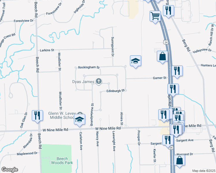map of restaurants, bars, coffee shops, grocery stores, and more near 23700 Brandywynne Street in Southfield