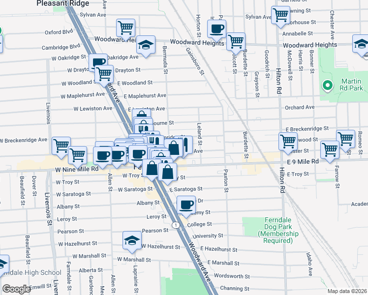 map of restaurants, bars, coffee shops, grocery stores, and more near 253 Vester Street in Ferndale