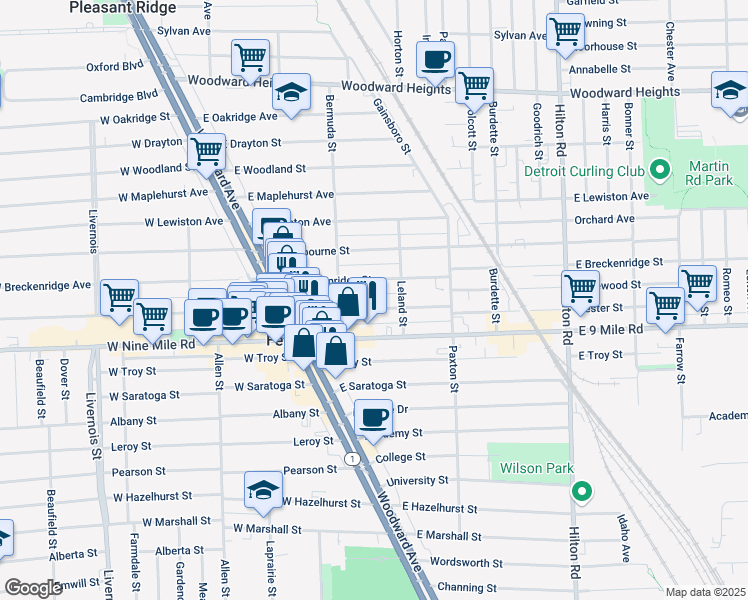 map of restaurants, bars, coffee shops, grocery stores, and more near 263 Vester Street in Ferndale