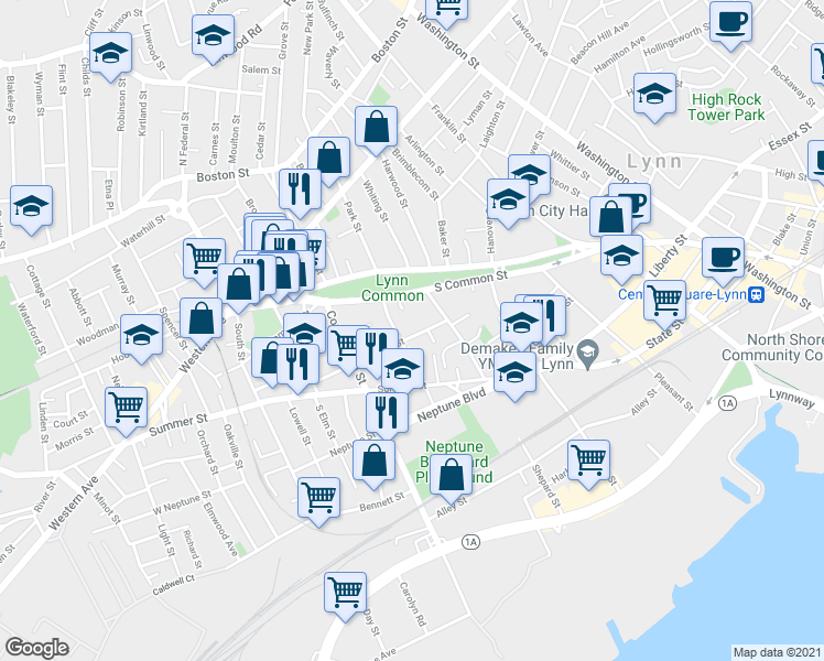 map of restaurants, bars, coffee shops, grocery stores, and more near 31 Warren Street in Lynn