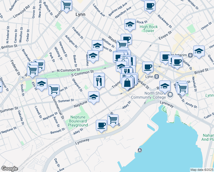 map of restaurants, bars, coffee shops, grocery stores, and more near 10 Church Street in Lynn