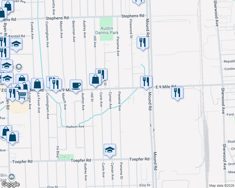 map of restaurants, bars, coffee shops, grocery stores, and more near 22850 Panama Avenue in Warren
