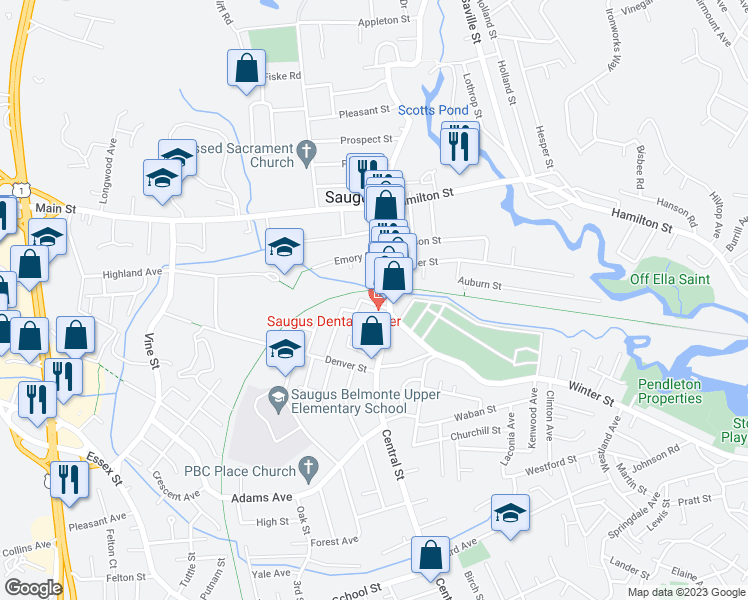 map of restaurants, bars, coffee shops, grocery stores, and more near 7 Centennial Avenue in Saugus