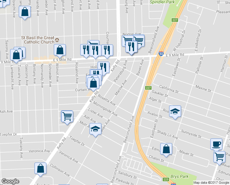 map of restaurants, bars, coffee shops, grocery stores, and more near 22265 Marine Avenue in Eastpointe