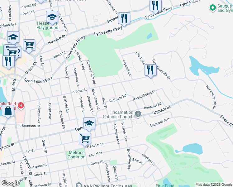 map of restaurants, bars, coffee shops, grocery stores, and more near 79 Ardsmoor Road in Melrose