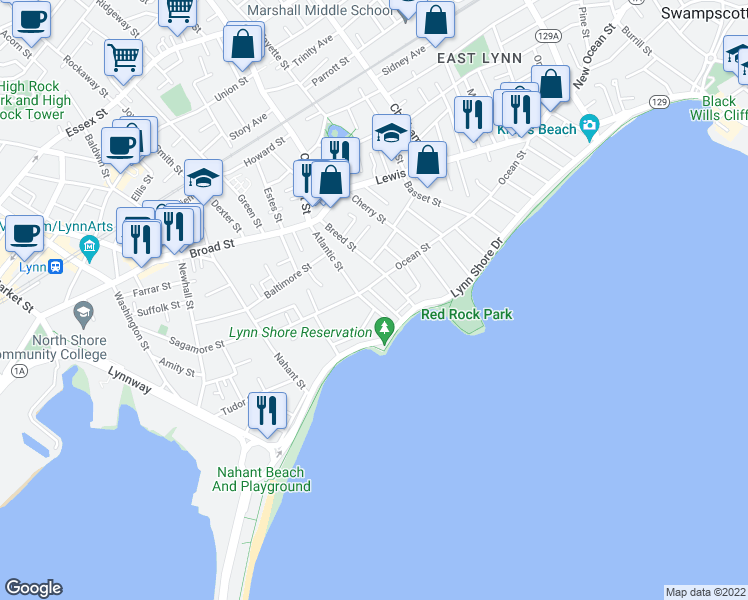 map of restaurants, bars, coffee shops, grocery stores, and more near 212 Ocean Street in Lynn