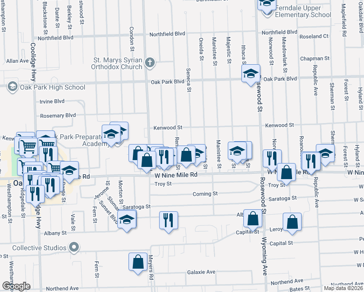 map of restaurants, bars, coffee shops, grocery stores, and more near 23220 Rensselaer Street in Oak Park