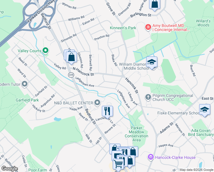 map of restaurants, bars, coffee shops, grocery stores, and more near 40 Ledgelawn Avenue in Lexington