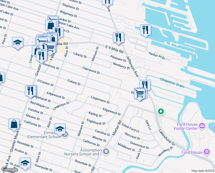 map of restaurants, bars, coffee shops, grocery stores, and more near 22940 Doremus Street in St. Clair Shores