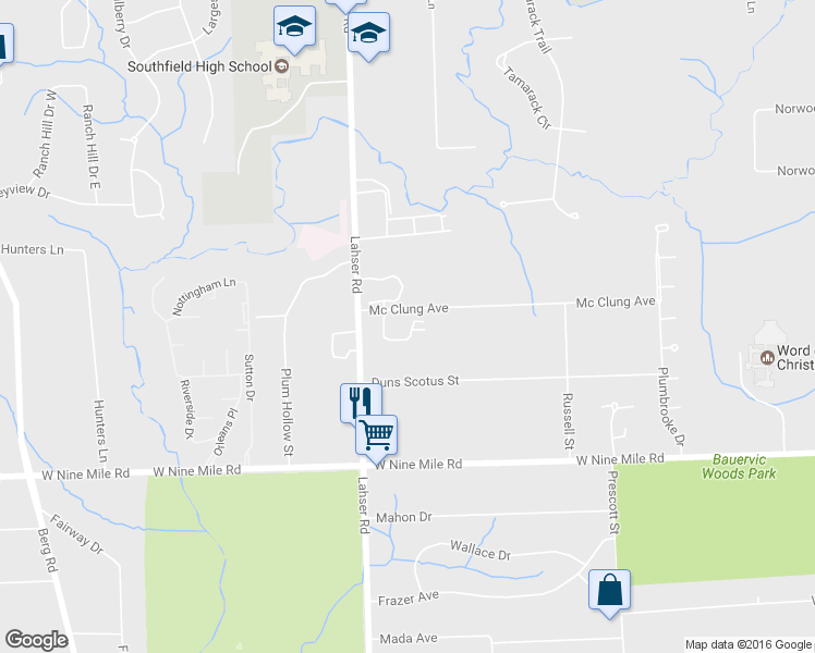 map of restaurants, bars, coffee shops, grocery stores, and more near 23474 Lahser Road in Southfield
