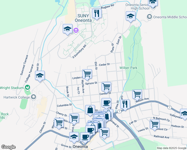 map of restaurants, bars, coffee shops, grocery stores, and more near 31 Linden Avenue in Oneonta