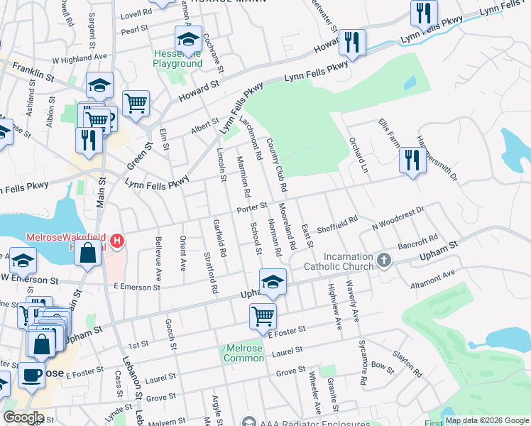 map of restaurants, bars, coffee shops, grocery stores, and more near 76 Norman Road in Melrose
