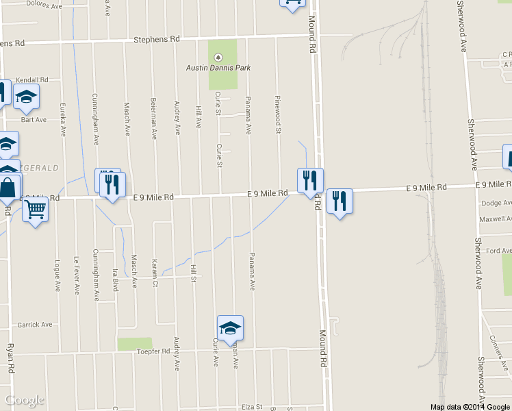 map of restaurants, bars, coffee shops, grocery stores, and more near 22850 Panama Avenue in Warren