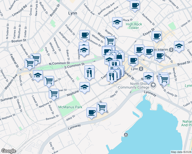 map of restaurants, bars, coffee shops, grocery stores, and more near 10 Church Street in Lynn