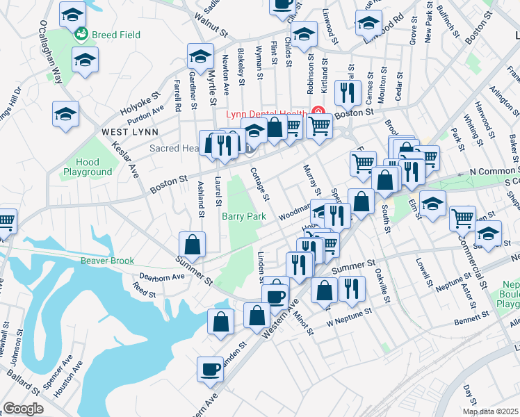 map of restaurants, bars, coffee shops, grocery stores, and more near 27 Waterford Street in Lynn