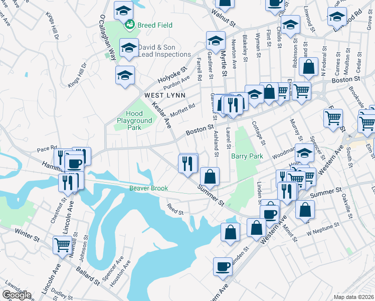 map of restaurants, bars, coffee shops, grocery stores, and more near 39 Safford Street in Lynn