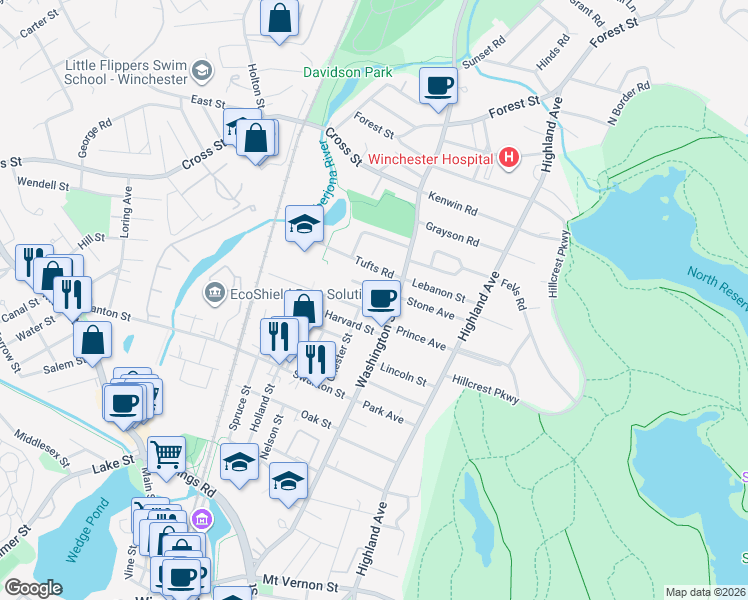map of restaurants, bars, coffee shops, grocery stores, and more near 8 Bates Road in Winchester