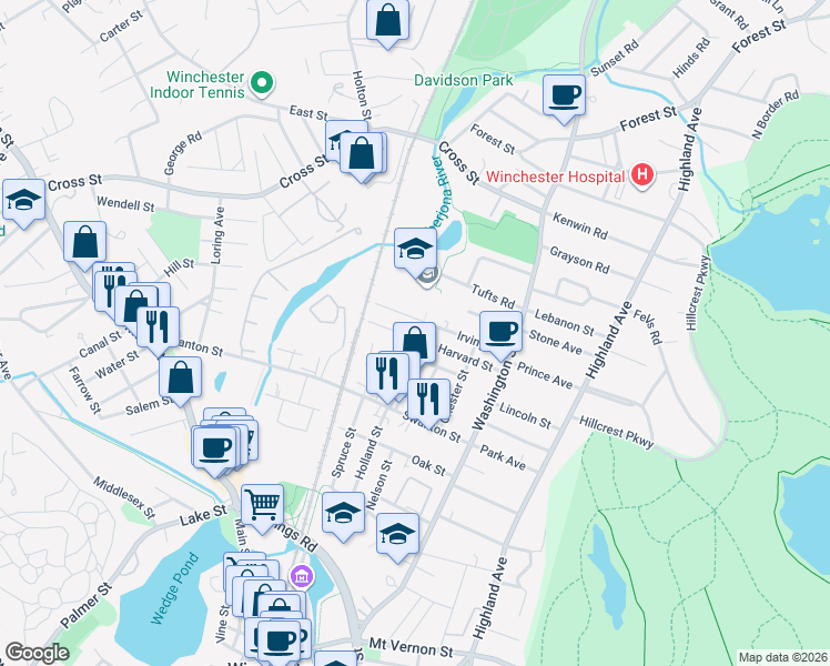 map of restaurants, bars, coffee shops, grocery stores, and more near 62 Irving Street in Winchester