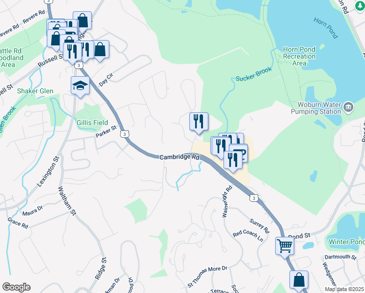map of restaurants, bars, coffee shops, grocery stores, and more near 272 Cambridge Road in Woburn