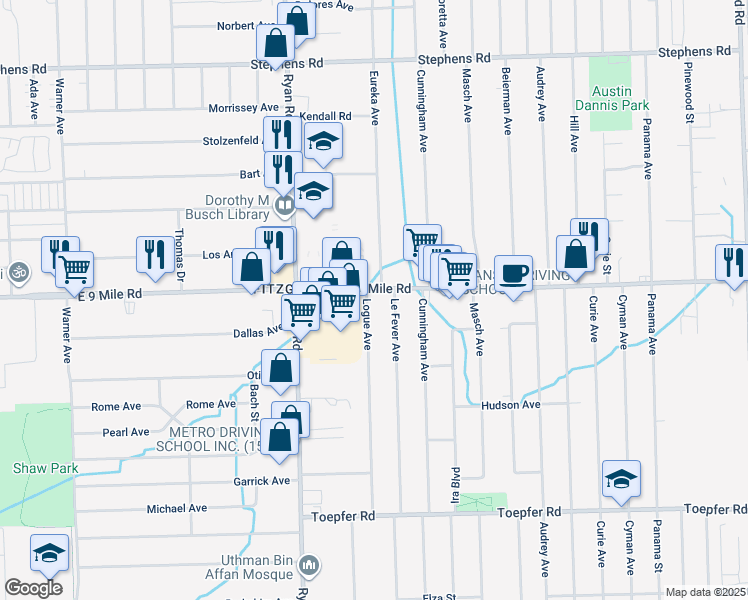 map of restaurants, bars, coffee shops, grocery stores, and more near 4400 East 9 Mile Road in Warren