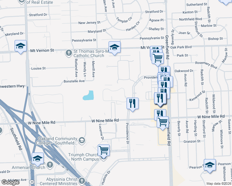 map of restaurants, bars, coffee shops, grocery stores, and more near 16176 Cumberland Road in Southfield