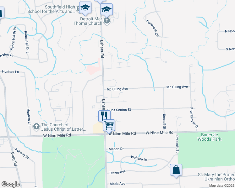 map of restaurants, bars, coffee shops, grocery stores, and more near 23474 Lahser Road in Southfield