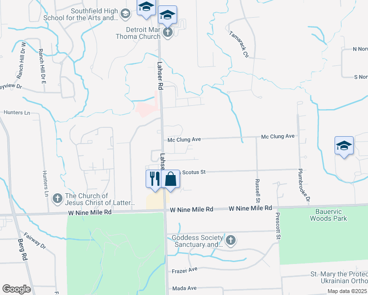 map of restaurants, bars, coffee shops, grocery stores, and more near 23474 Lahser Road in Southfield
