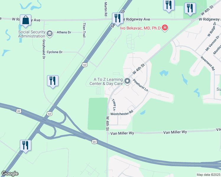 map of restaurants, bars, coffee shops, grocery stores, and more near 230 West Hills Lane in Waterloo