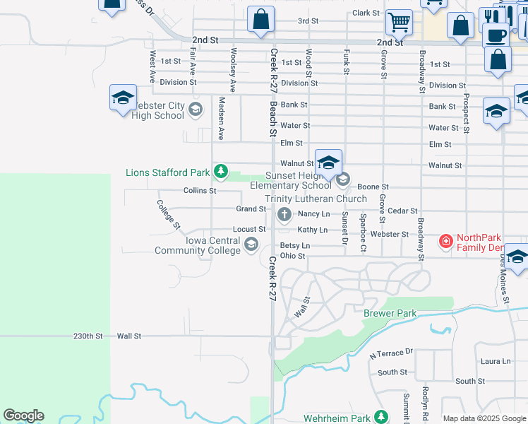 map of restaurants, bars, coffee shops, grocery stores, and more near 1300-1302 Grand Street in Webster City