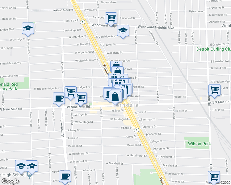 map of restaurants, bars, coffee shops, grocery stores, and more near 22925 Woodward Avenue in Ferndale