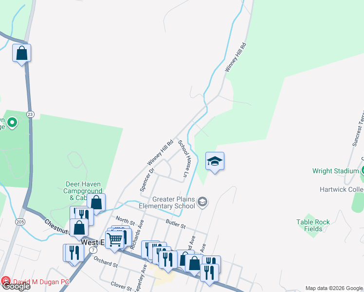 map of restaurants, bars, coffee shops, grocery stores, and more near 39 School House Lane in Oneonta